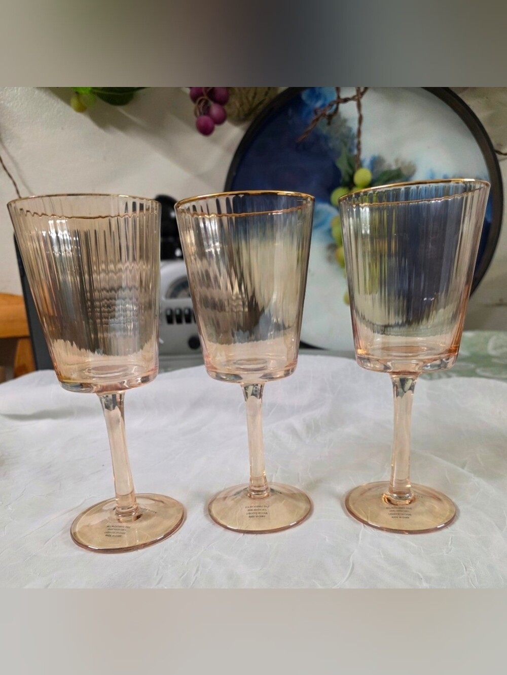 Anthropologie 3 Rimmed Ribbed Glass Wine Glass set